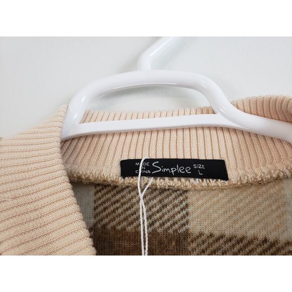 (Ju) Simplee Gingham Womens Sweater Size L Drop Shoulder Teddy Pullover Cream - Picture 5 of 8